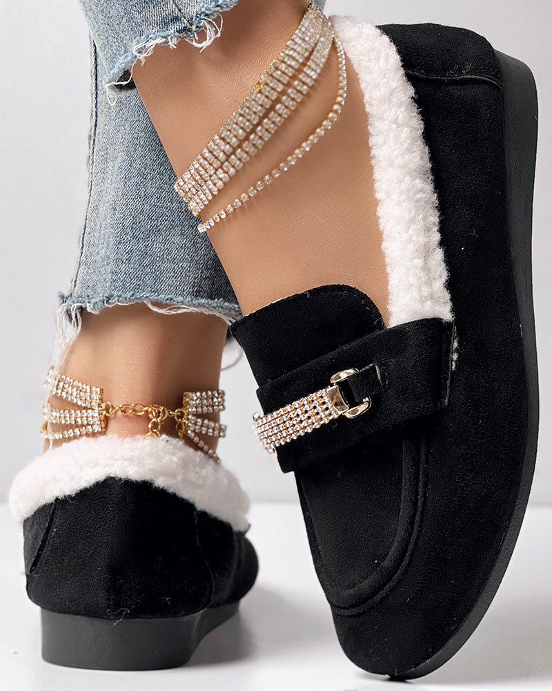 Rhinestone Chain Decor Thermal Lined Faux Shearling Trim Casual Flat Slip-On Loafers without Anklet Bracelet