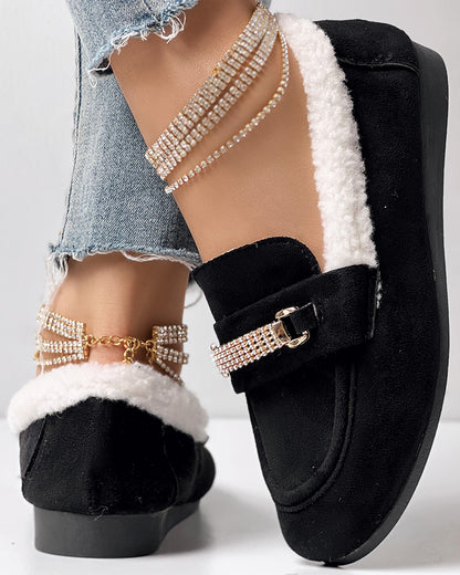 Rhinestone Chain Decor Thermal Lined Faux Shearling Trim Casual Flat Slip-On Loafers without Anklet Bracelet