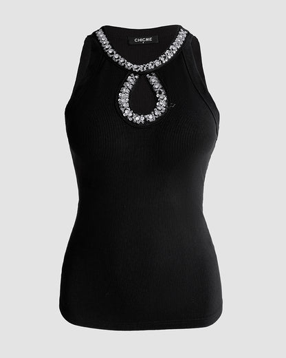 Rhinestone Contrast Sequin Keyhole Neck Sleeveless Slim Fit Elasticity Ribbed Top Elegant Tank