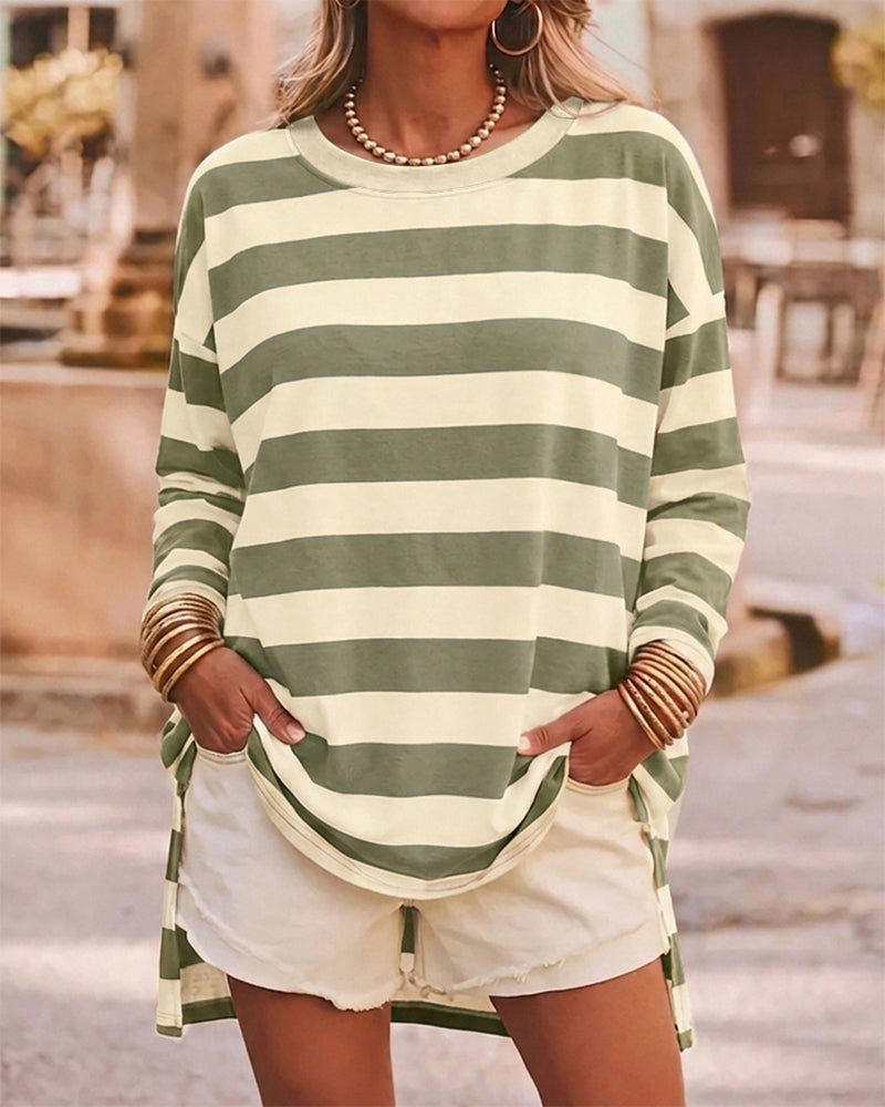 Women's Striped T Shirt Long Sleeve Drop Shoulder Crewneck Tee Side Slit Casual Loose Fit Top