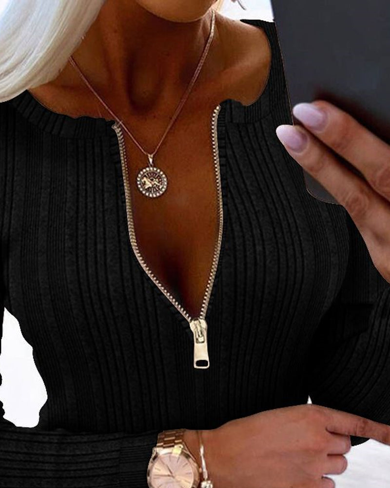 Crewneck Long Sleeve Ribbed Top Half Zipper Design Casual Pullover Tops