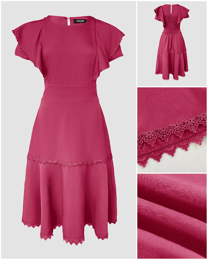 Butterfly Sleeve Hollow-out Back Shirred Work Dress Casual Cinched Waist Lace Trim Ruffle Hem Dress