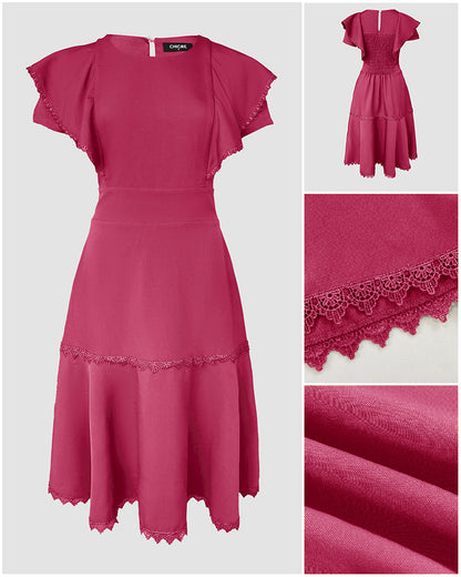 Butterfly Sleeve Hollow-out Back Shirred Work Dress Casual Cinched Waist Lace Trim Ruffle Hem Dress