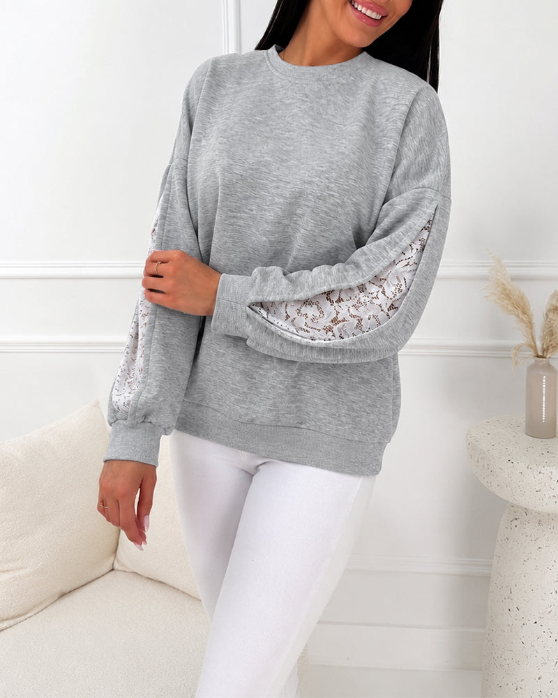 Women's Lace Patchwork Sweatshirt Crewneck Long Sleeve Pullover Slit Sleeve Casual Loose Fit Top
