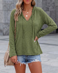 Women's Frill Trim V-Neck Tie Front Loose Long Sleeve Top