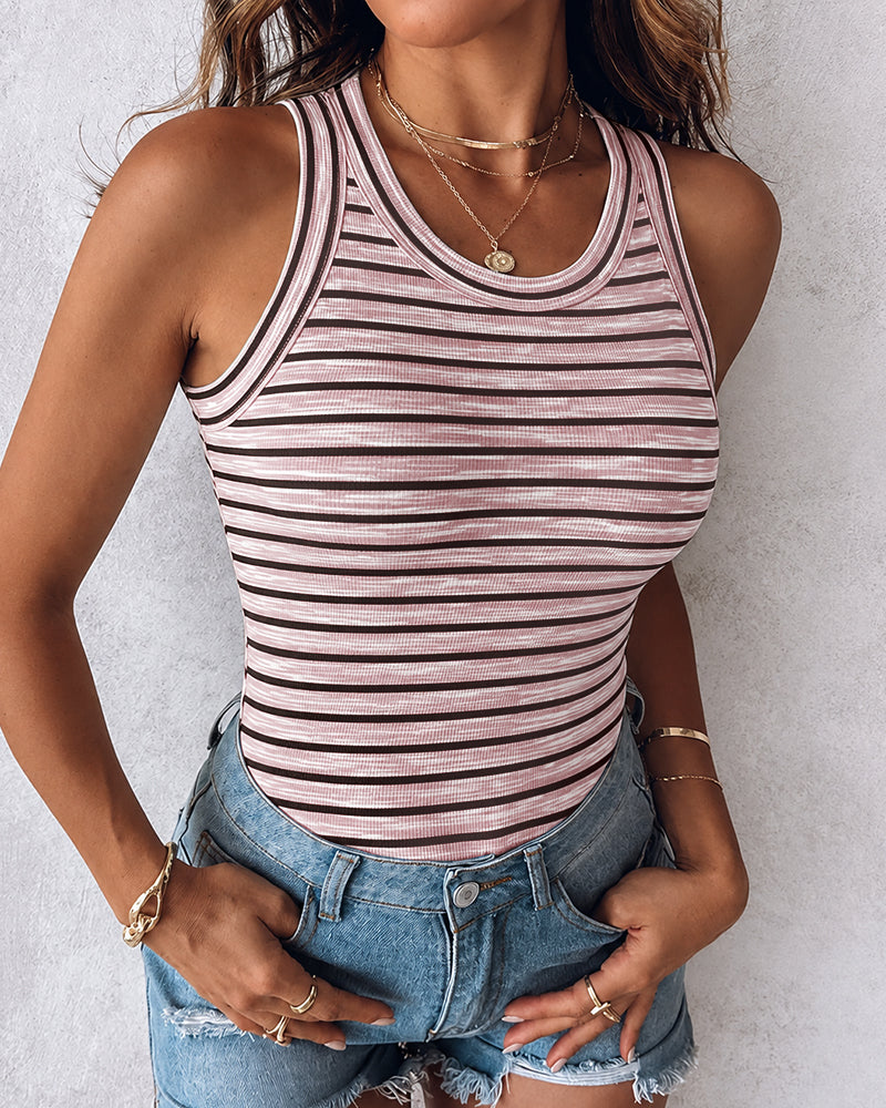 Women's Striped Racerback Tank Top Slim Fit Ribbed Sleeveless Top with Built in Bra