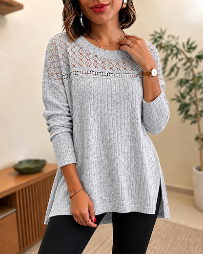 Women's Lace Patchwork Ribbed Knit Top Loose Fit Drop Shoulder Crewneck Side Slit Pullover
