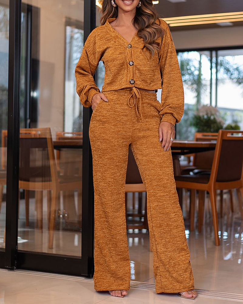 2 Pieces Outfit Fuzzy Knit Lantern Sleeve Cardigan Casual Drawstring Wide Leg Pants Set