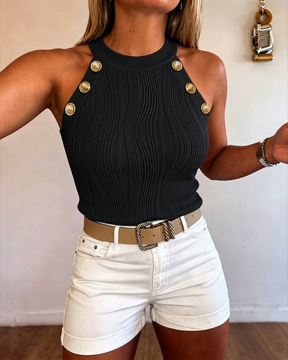 Women's Halter Neck Tank Top Vintage Gold Button Wave Textured Sleeveless Slim Fit Top