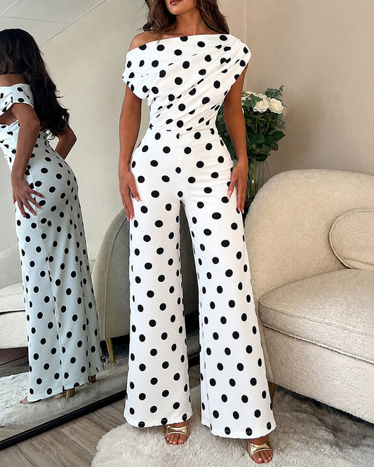 Women's Polka Dot Jumpsuit Skew Neck Ruched Wide Leg Overalls Casual High Waisted Jumpsuit with Pockets