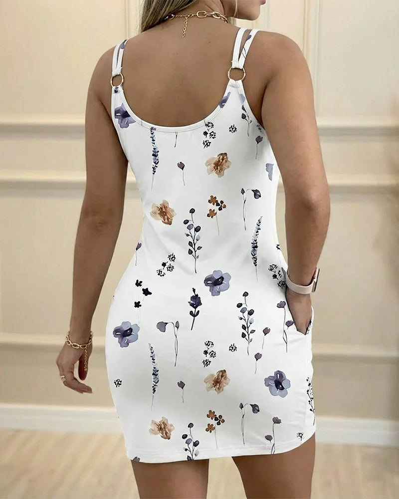 Watercolor Floral Print U-Neck Double Spaghetti Straps Backless Mini Dress