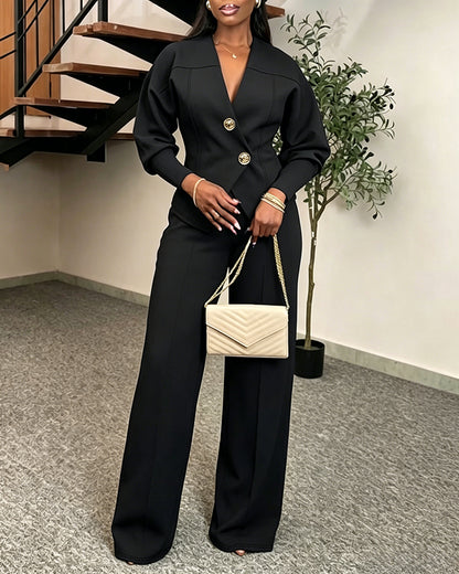 Women's 2 Piece Set V-Neck Cinched Waist Gigot Sleeve Top and High Waist Wide Leg Pants Elegant Set