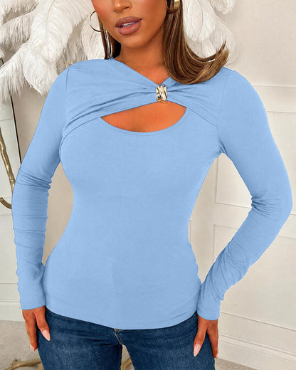 Women's Rib Knit Long Sleeve Top Gold Buckle Cut Out Tee Twisted Front Hollow Out Slim Fit Top