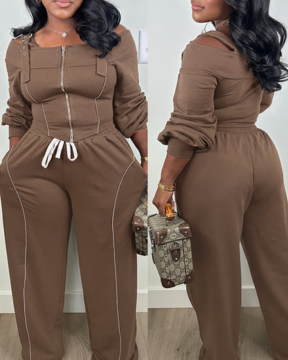 2 Pieces Outfit Trendy Long Sleeve Cold Shoulder Top and Drawstring Waist Pants with Pockets