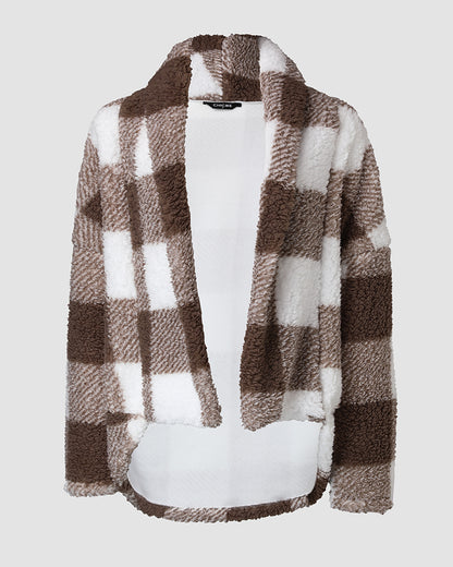 Plaid Pattern Oversized Fleece Jacket Teddy Bear Coat Open Front Batwing Sleeve Fuzzy Cardigan