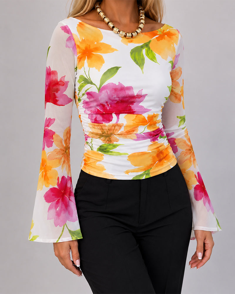 Women's Watercolor Floral Boat Neck Mesh Flare Sleeve Ruched Slim Fit Top