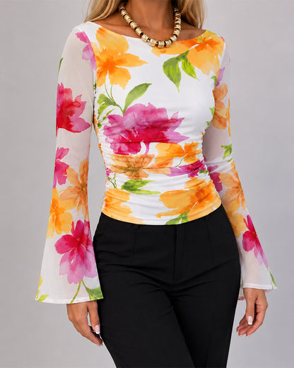 Women's Watercolor Floral Boat Neck Mesh Flare Sleeve Ruched Slim Fit Top