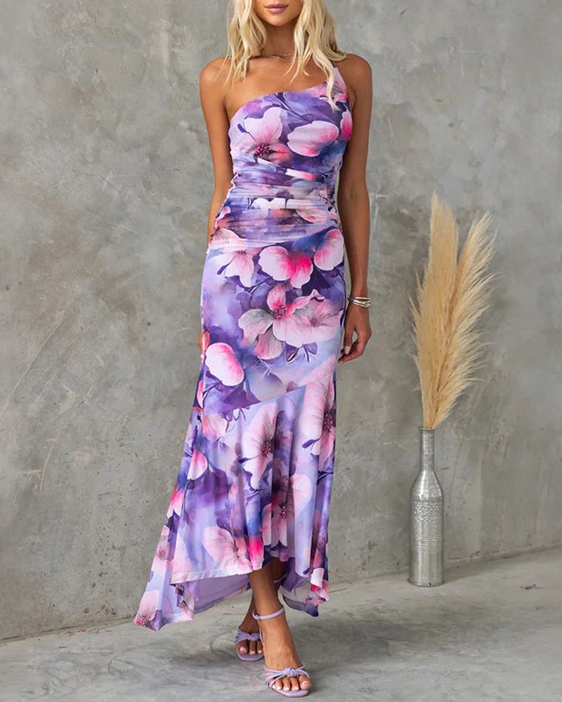 Women's Floral Mesh Mermaid Dress One Shoulder Ruched Bodycon Midi Dress Elegant Wedding Guest Party Evening Gown
