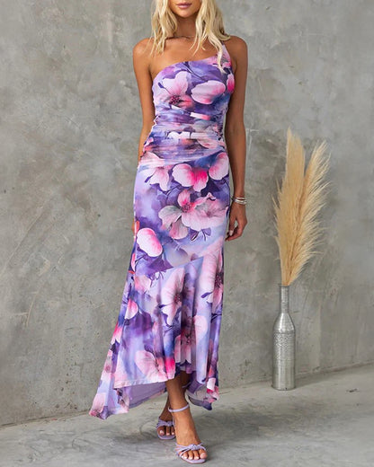 Women's Floral Mesh Mermaid Dress One Shoulder Ruched Bodycon Midi Dress Elegant Wedding Guest Party Evening Gown