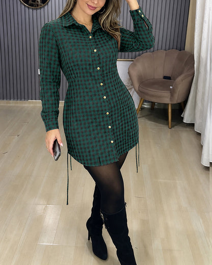 Women's Vintage Plaid Drawstring Long Sleeve Casual Dress Shirred Button Down Shirt Dress
