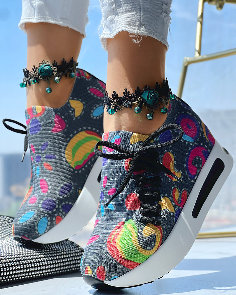 Abstract Print Side Lace-up Casual Wedge Sneakers