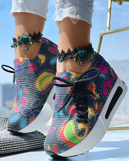 Abstract Print Side Lace-up Casual Wedge Sneakers