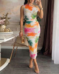 Women's Skew Neck Watercolor Floral Mesh Mid-length Dress Ruched Bodycon Long Dress