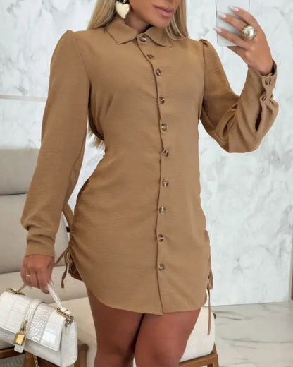 Button Down Shirt Dress Roll Tab Sleeve Side Drawstring Mini Dresses