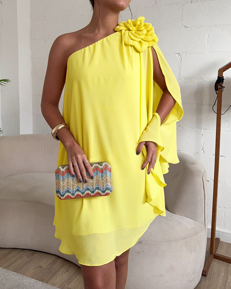 One Shoulder Sleeveless 3D Flower Decor Mini Dress Casual A Line Vacation Dress