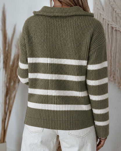 Women's Half Zip Striped Sweater Colorblock Turn-down Collar Knit Pullover Drop Shoulder Loose Fit Top