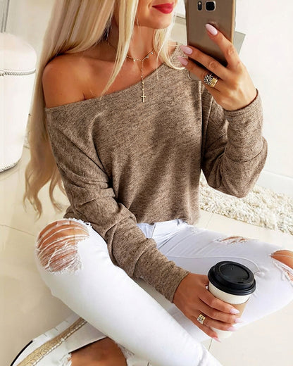 Women's Convertible Shoulder Batwing Sleeve Top Long Sleeve Loose Fit Casual Knit Tee