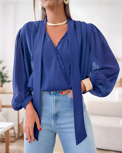 Women's Tie Neck Chiffon Blouse Elegant Lace V Neck Shirt Long Lantern Sleeve Top Ruched Elastic Hem Lined Blouse