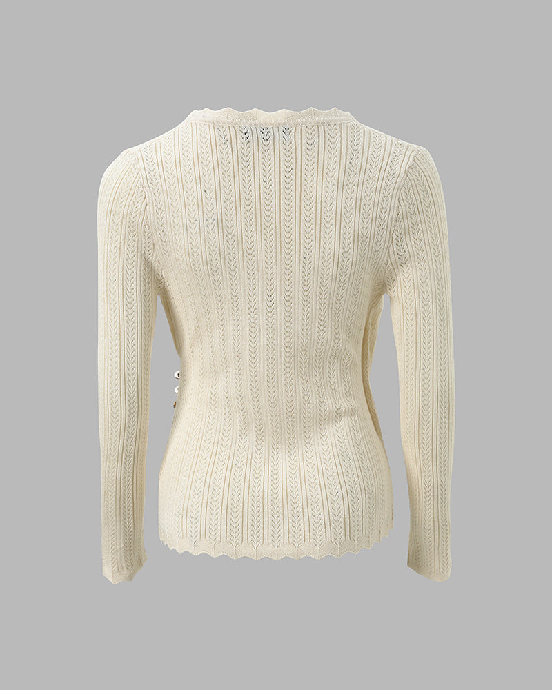 Women's Crossover V Neck Knit Top Side Button Ruched Long Sleeve Sweater Scallop Trim Slim Fit Casual Top