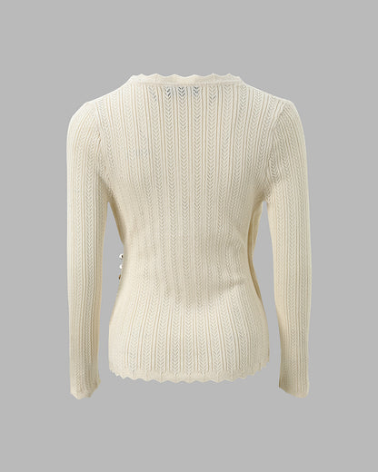 Women's Crossover V Neck Knit Top Side Button Ruched Long Sleeve Sweater Scallop Trim Slim Fit Casual Top