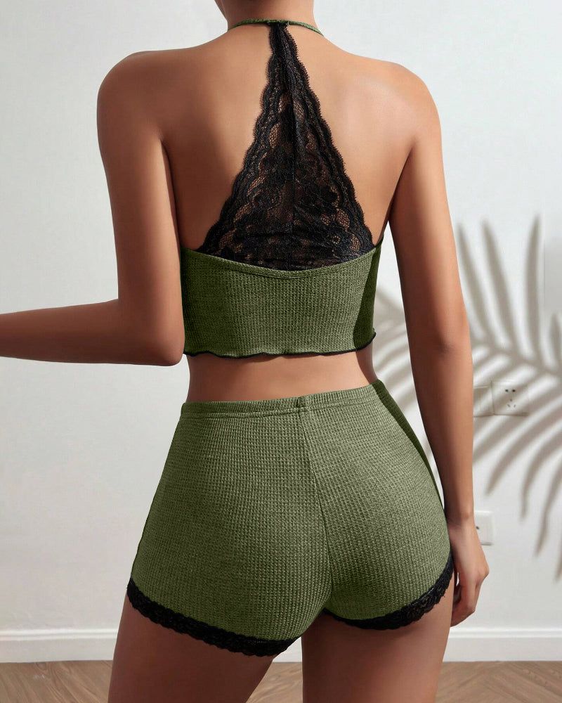 2 Pieces Colorblock Halter Contrast Lace Backless Tank Top & Waffle Knit Casual Shorts Sets
