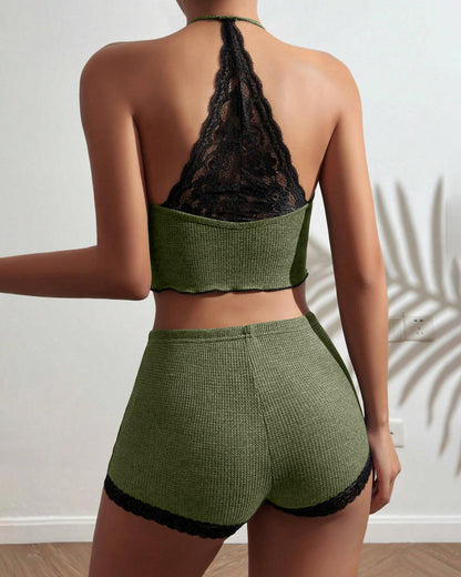 2 Pieces Colorblock Halter Contrast Lace Backless Tank Top & Waffle Knit Casual Shorts Sets
