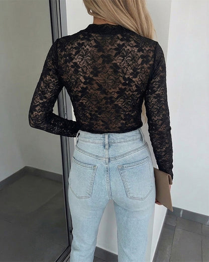 Women's Floral Sheer Lace Long Sleeve Top Crewneck Slim Fit Tee with Thumb Holes