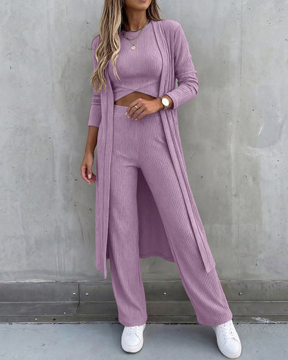 Women's 3 Piece Knit Set Long Cardigan Criss Cross Crop Tank Top and Wide Leg Pants Casual Ribbed Brushed Lounge Set
