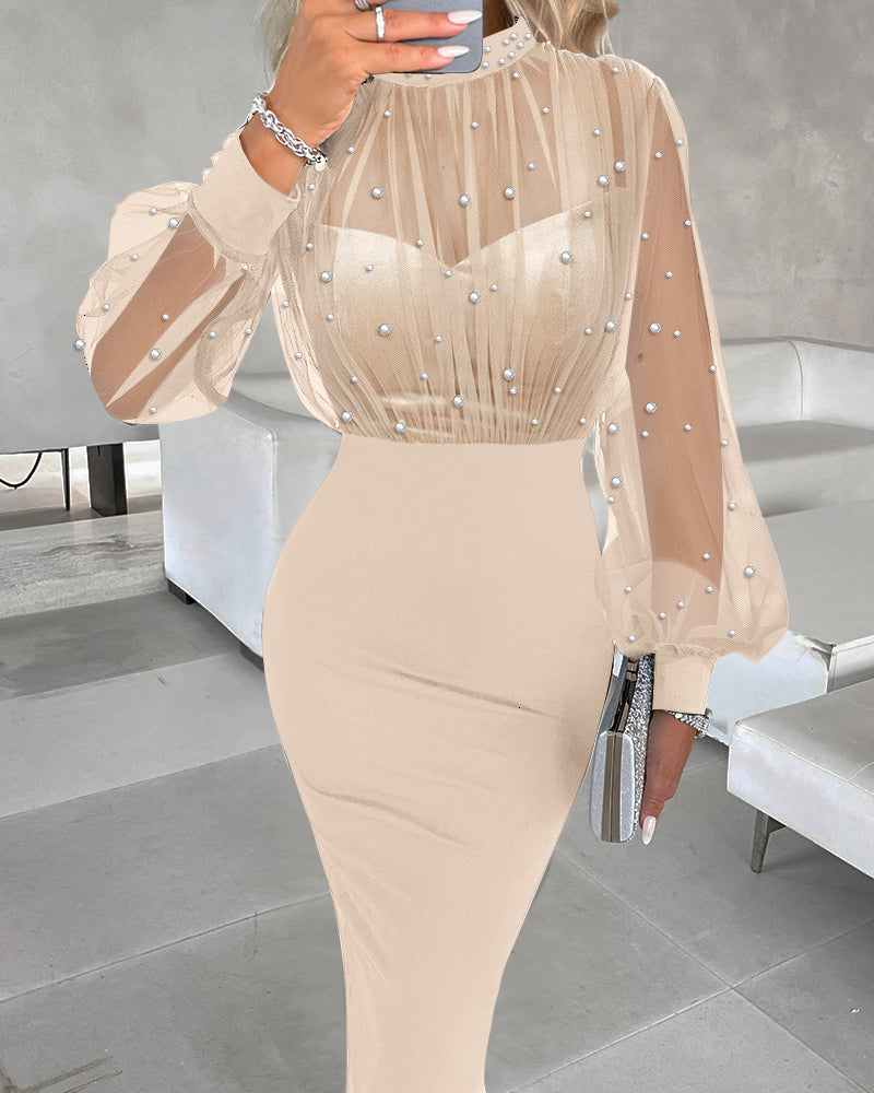 Mock Neck Sheer Mesh Spliced Beaded Bodycon Dress Zipper Back Slit Party Dress