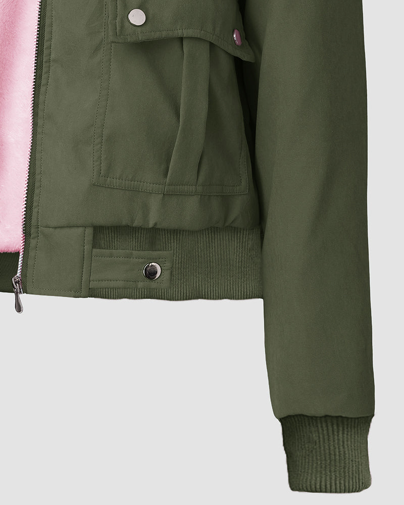 Fuzzy Trim Jacket Hooded Zip Up Fleece Lined Coat Outwear with Pockets