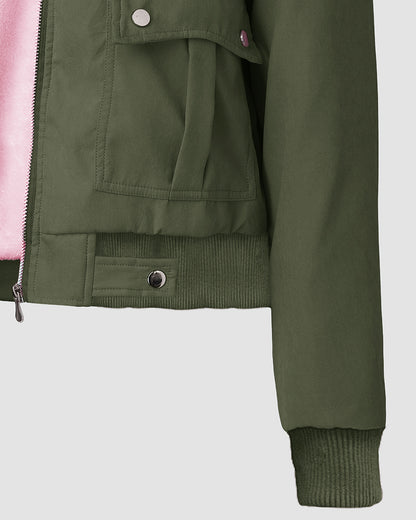 Fuzzy Trim Jacket Hooded Zip Up Fleece Lined Coat Outwear with Pockets