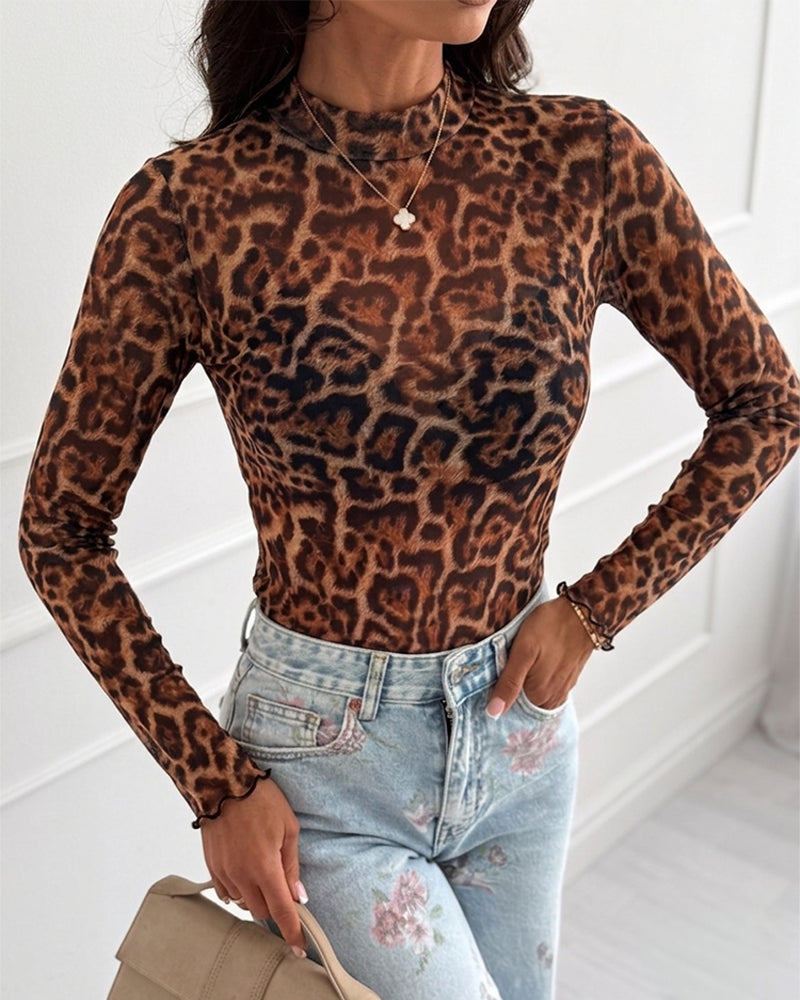 Women's Vintage Leopard Print Sheer Mesh Top Mock Neck Long Sleeve Fitted Tee