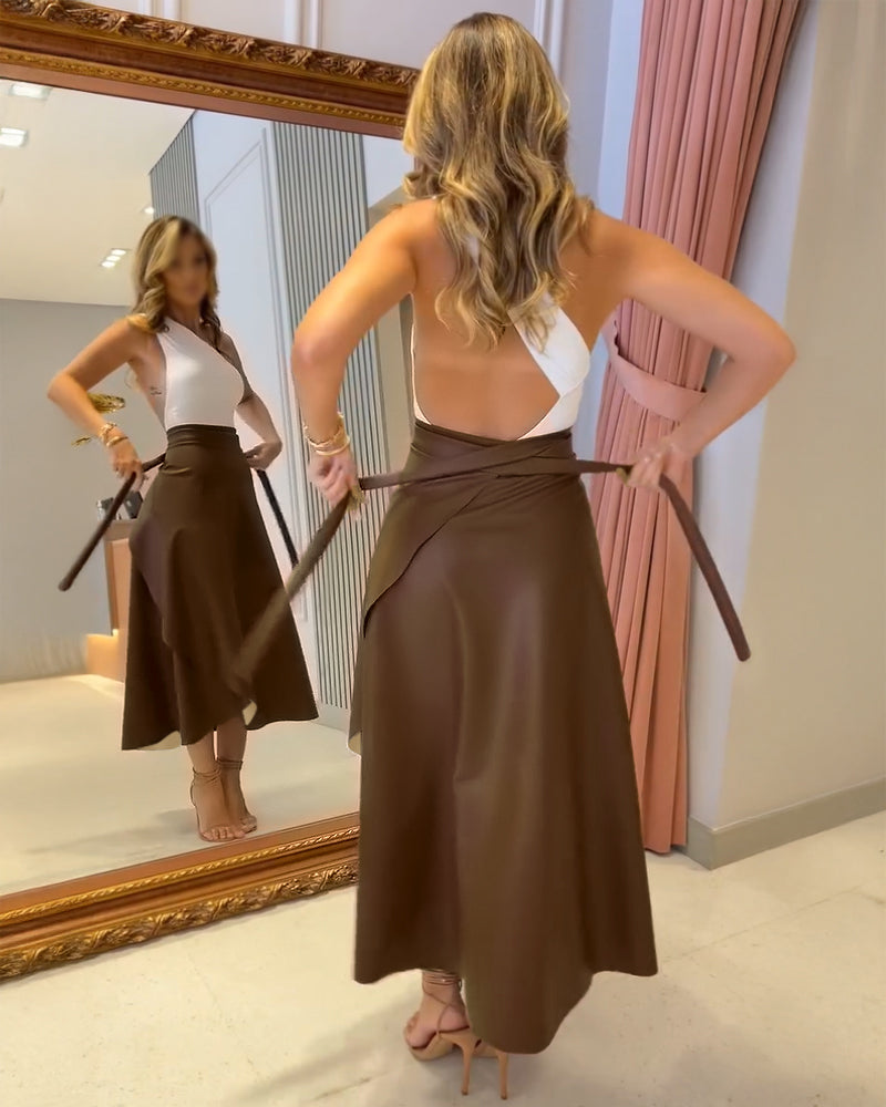 PU Leather Wrap Lace-Up Casual Mid-Length Skirt Work Skirt