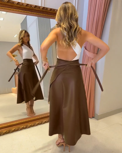 PU Leather Wrap Lace-Up Casual Mid-Length Skirt Work Skirt