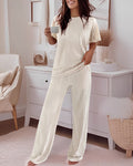 2 Pieces Outfit Round Neck Lace Spliced Short Sleeve Top and Elastic Waist Straight Leg Pants Set Casual Brushed Ribbed Pajamas Set