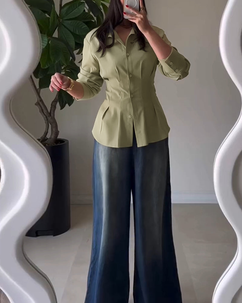 Turn-down Collar Long Sleeve Button Front Blouse Casual Back Criss Cross Tied Detail Fishtail Shirt