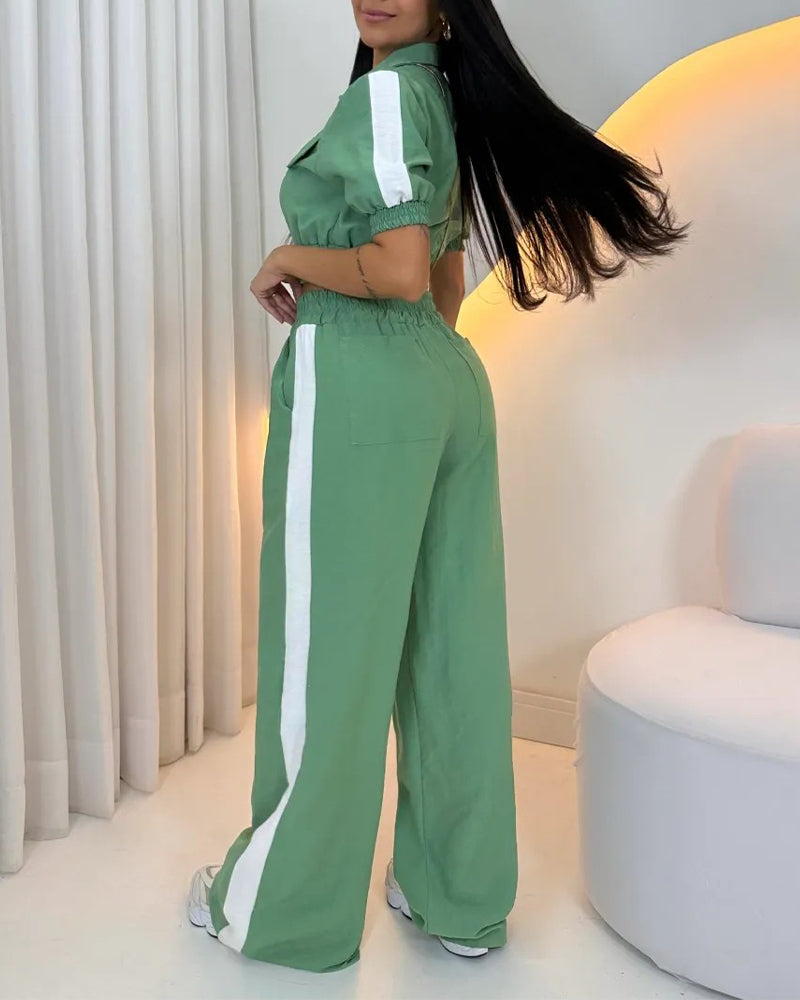 2 Pieces Outfit Turn-down Collar Zip Up Flap Pockets Design Stretchy Hem Crop Top and Drawstring Elastic Waist Wide Leg Pants Set Casual Contrast Tape Side Set