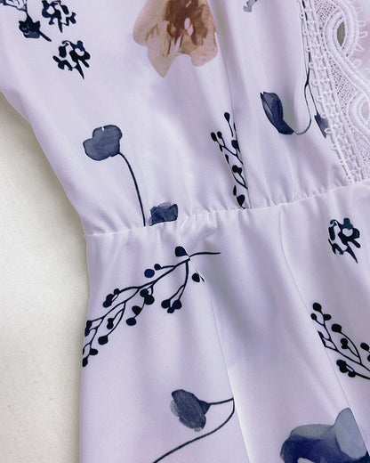 Floral Print Deep V-Neck Lantern Sleeve Casual Contrast Lace Tied Detail Blouse