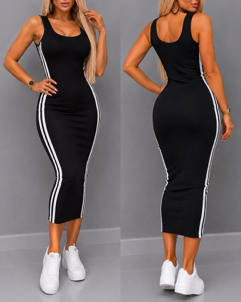 Women's U Neck Sleeveless Tank Dress Contrast Side Striped Midi Bodycon Dress Casual Backless Sundress
