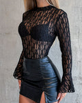 Women's Mock Neck Sheer Lace Bodysuit Flare Long Sleeve See Through Bodysuit